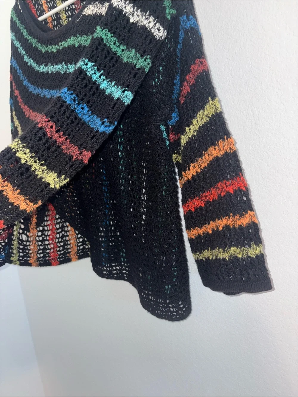 NIC+ZOE Rainbow Striped Open Knit Crochet Pullover Sweater